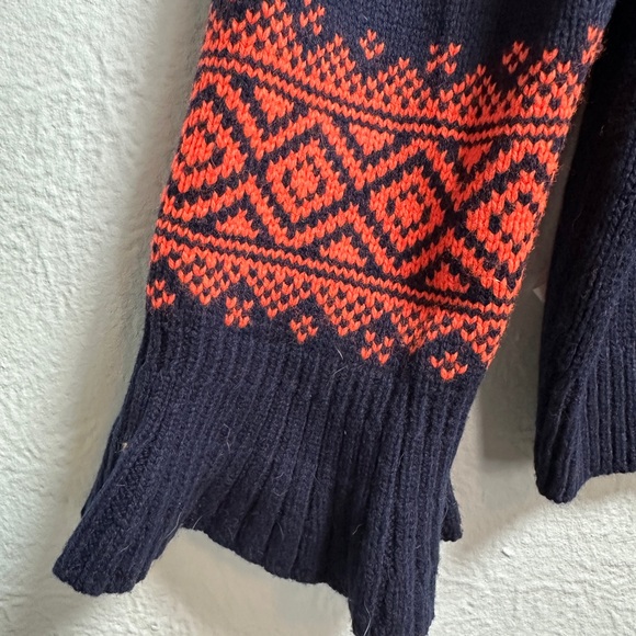 J Crew Women Fair Isle Sweater Merino Wool Blend Ruffle Sleeve Navy Orange Large - Picture 6 of 10